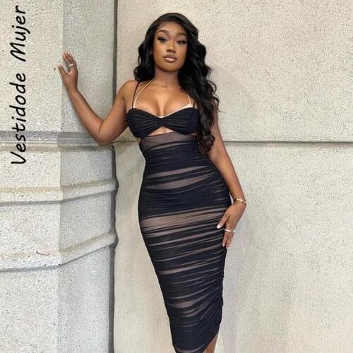 Vestidos Mujer Black Double Layer Midi Summer Dress For Women 2021 Sexy Sleeveless Hollow Out Slim Dress Partywear Backless Club