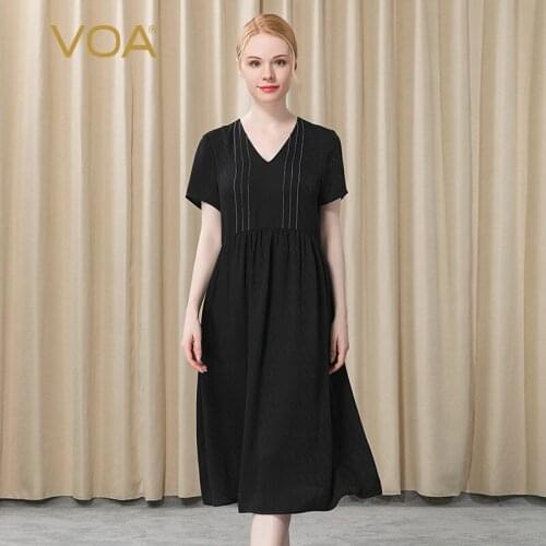VOA Silk Dark Black Jacquard Chicken Collar Short Sleeve Bright Thread Decorative Triangle Hollowed-out Back Woman Dress AE329
