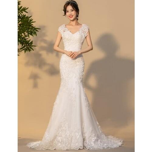 New Wedding Dresses Mermaid Bride Bridal Dress 2021 Sweep Train Lace Appliques V-Neck Elegant Plus Sizes Vestido De Noiva
