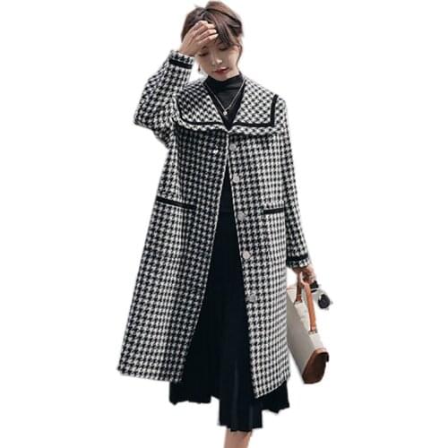 Woolen Coat Womens Winter 2020 New Classic Plaid Thick Korean Vrsion Of The Houndstooth Lady Loose Warm Navy Neckwear vercoat