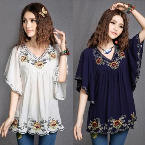 2021 Women Cotton Tops Clothes Vintage Mexican Ethnic Floral Embroidery Batwing Loose Casual Boho Tunic Blouse Blusa Mujer