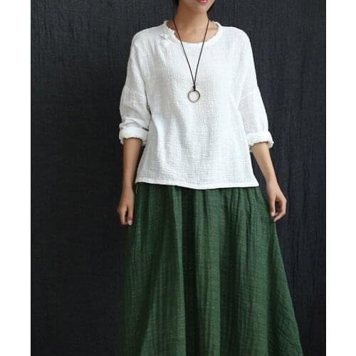 Woman Girl Summer Spring Long Sleeve O Neck Cotton Linen Blouse Chinese Style Loose Casual Solid White Color Top Shirt Cloth