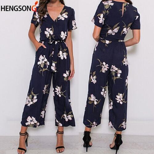 Hengsong 2020 Large Size Fashion Womens Loose Printed Chiffon Pocket Jumpsuit Office Lady Ankle-Length Pants 735875