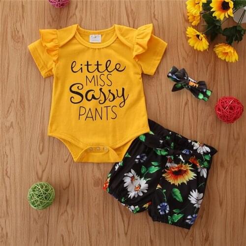 Autumn Baby Outfits 3PCS Long Sleeve Romper + Short + Headband Sets for Kids Fashion Girls Clothes