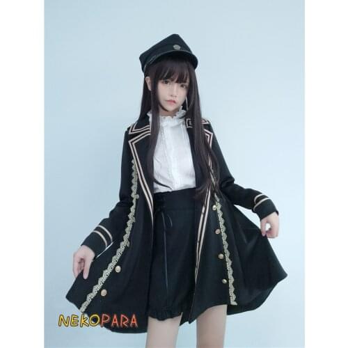 Cool Military Swallowtail Suit Winter Womens Set: Long Sleeve Tailcoat Trench + White Blouse + Cross Tie Ribbon Shorts Lolita