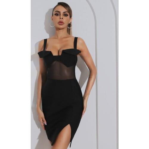 Summer Black Slash Neck Mini Bandage Dress Mesh Hollow Out Slim Split Hem Sleeveless Fashion Elegant Party Dresses Vintage