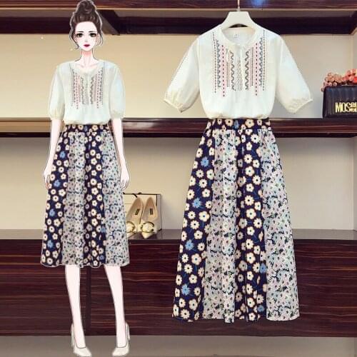 Summer Plus Size 2 Piece Set Women Embroidery Short Sleeve Tops+ Floral Print A-line Skirt Suits Casual Elegant Fashion Sets