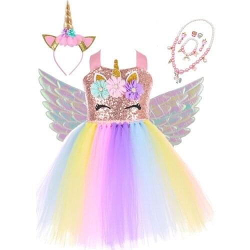 Girls Summer Sequins Unicorn Tutu Dress Children Shiny Flower Dresses for Girl Little Girls Birthday Party Costume for Kids Gift
