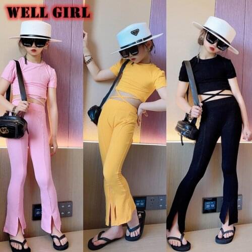 Fashion Girls Outfits 2 Piece Set Crop Top Tshirt + Flare Pants Split Kids Teen Bandage Lace Up Knitted Bell Bottoms 4 To 14 Yrs