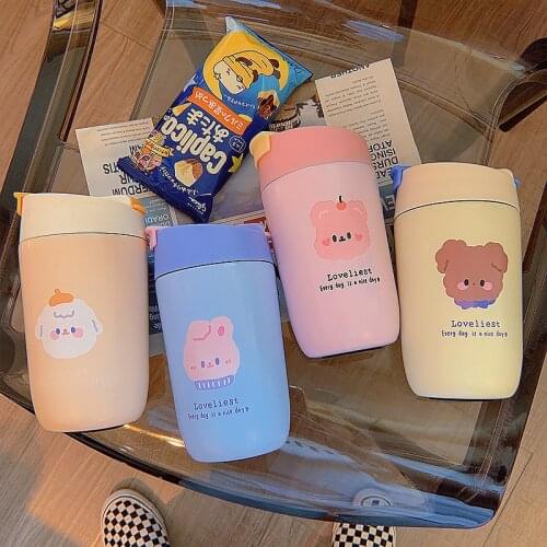 Cartoon Double-drink Thermos Mug Ladies Office Coffee Cup with Straws Cute High-value Childrens Water Cups Portable