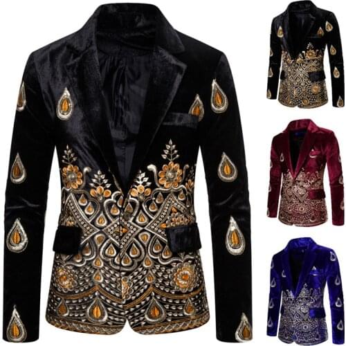 Mens Luxury Blazer Costume Stage Jacket Suit Male Velvet Gold Thread Embroidered Dress Suit