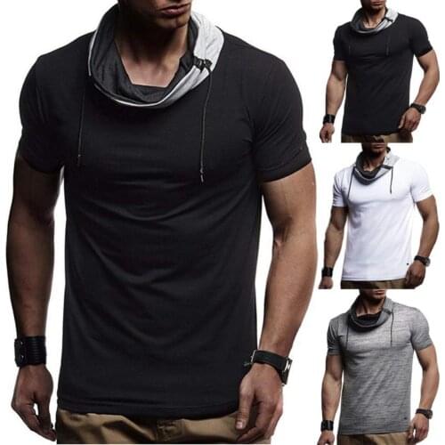 New Men Sporty Short Sleeve Color Block Turtle Neck T-shirt Drawstring Slim Blouse Casual Mens Blouse