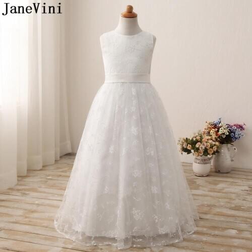 JaneVini sukienka wesele White Lace Flower Girls Dresses Sleeveless Ivory Long Floor Length Kids Dresses for Girls Party Gowns