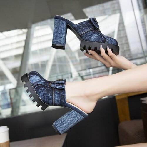 Sexy 2021 Summer Women Sandals Baotou Denim Slides Shoes Square Heels Bottom Outdoor Beach Casual Platform Non-slip Footwear