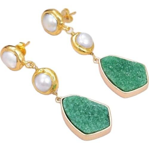 JK Natural Cultured White Keshi Round Pearl Green Quartzs Gold Color Lever Back Dangle Stud Earrings Luxury For Women
