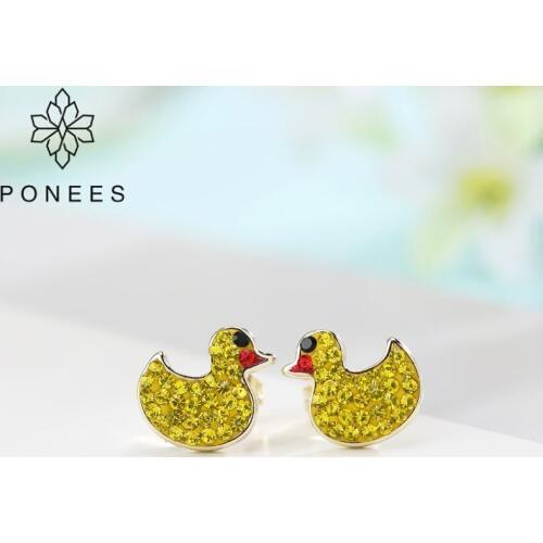 PONEES Pave Crystal Setting Yellow Cute Duck Stud Earrings For Women Girls Christmas Gift Lovely Animal Little Duck Earrings