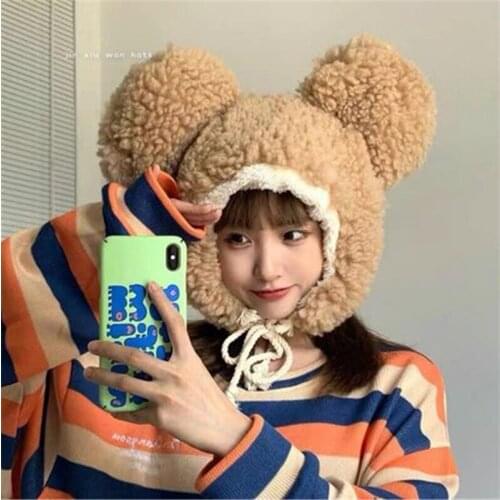 New Fashion Solid Beanies Women Winter Cute Bear Ears Warm Hat Windproof Cap Student Women Lamb hair Cap Female Hat Present