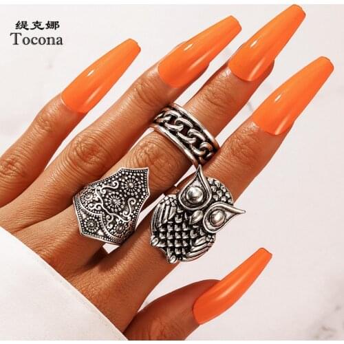 Tocona Vintage Silver Color Owl Animal Joint Ring Sets for Women Carving Flowers Geometric Party Jewelry Accessories 18766