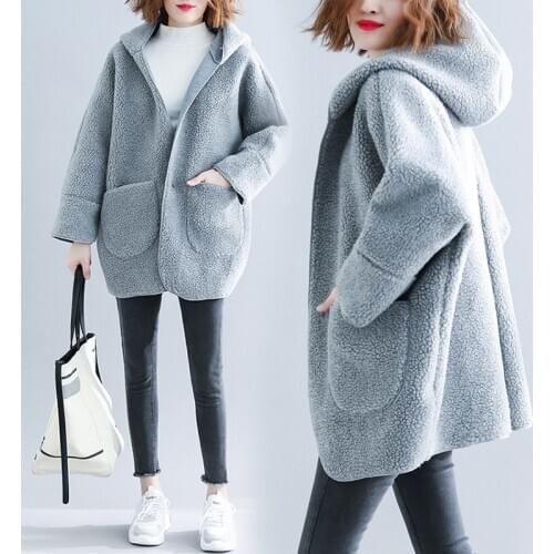 Autumn Winter New Plus Size Womens Woolen Blended Coat 2021 Korean Loose Solid Thicken Warm Hooded Lambswool Outerwear Female
