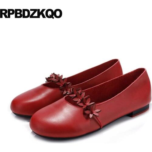 Genuine Leather Flower Vintage Round Toe Red Flats Floral Slip On Mary Jane Cowhide Ladies Designer Shoes Women Luxury 2021
