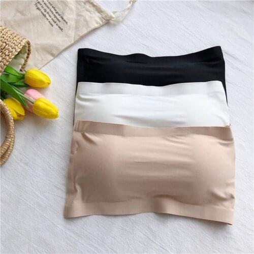 Womens Ice Silk Seamless Solid Color Tube Tops Strapless Removable Padded Bandeau Hollow Out Cross Back Hook Eye Wrapped