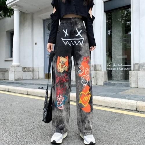 Harajuku Cartoon Bear Smiley Graffiti Personality Print Women Jeans Street Autumn Vintage Large Size Wide-Leg Old Daddy Trousers