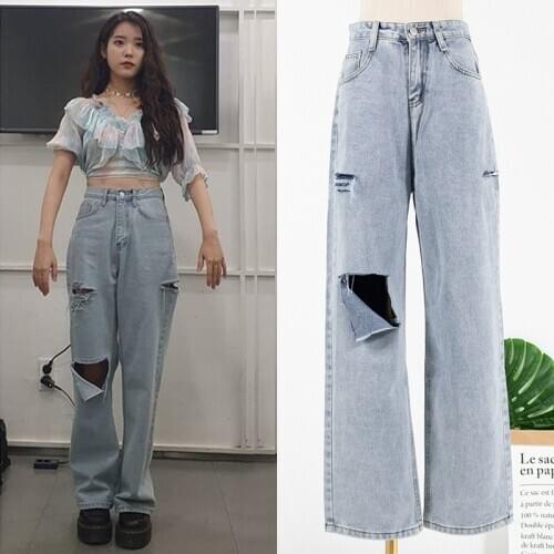 KPOP IU Lee Ji Eun Blue Vintage Straight High Waist Jeans Women Streetwear Denim pants Casual Loose Plus Size Wide legs Trousers