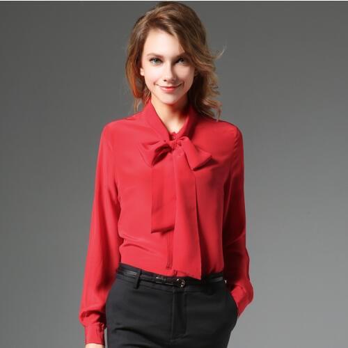 Womens 100% Silk Shirts, New Silk Female Dress Ribbon In Europe And America