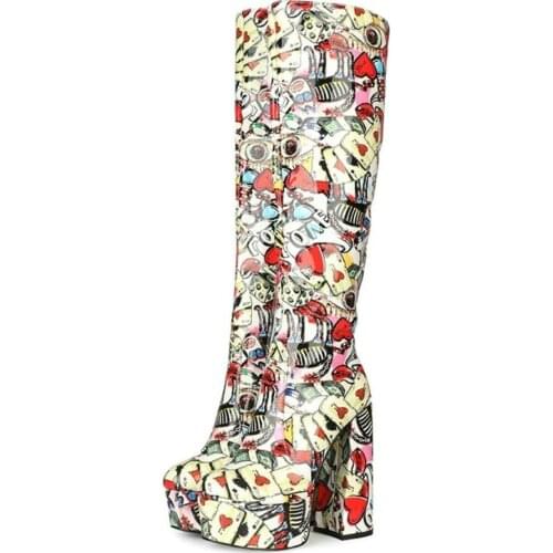 OLOMLB Womens Patent Leather Printed Mixed Colors Knee Thigh Boots Platform Super High 15CM Heel Shoes Plus Size 34-45