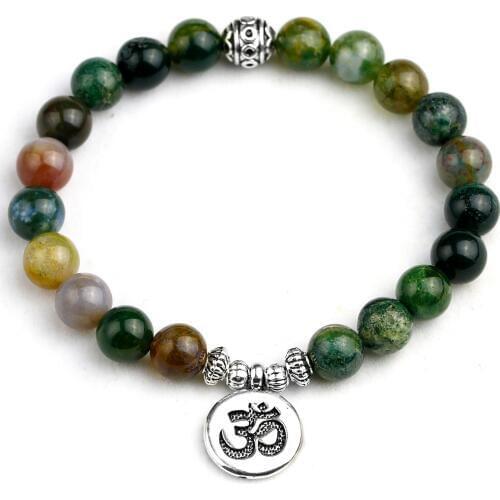 Natural Indian Onyx Women Charm Bracelet Mix OM Buddha Lotus Strand Lovers Lucky 8MM Beads Bracelets Adjustable Jewelry