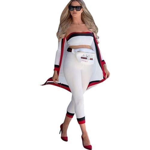 Women three pieces set pants suit long sleeve ribbons patchwork sexy women suit autumn outfits 5546