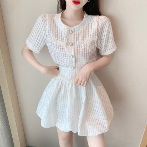 Women Korean Sweet Casual Two Piece Sets Puff Sleeve Pearl Blouse Short Top High Waist Skirts Fairy Outfits