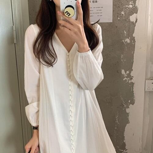 2021 New Women Elegant Summer Long Shirt Dress Full Sleeve Single Breasted V Neck Trumpet Sundress