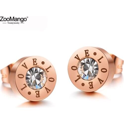 ZooMango Fashion Stainless Steel AAA CZ Crystal Stud Earrings For Women Romantic Rose Gold Wedding Earrings Jewelry ZE17106