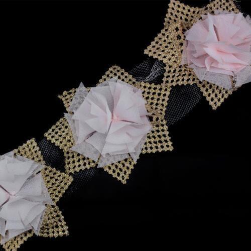 10yard Gold Pink Flower Lace Applique Embroidered Guipure Fabric Ribbon Trim Patches Motif Venice Sewing Accessories T1483