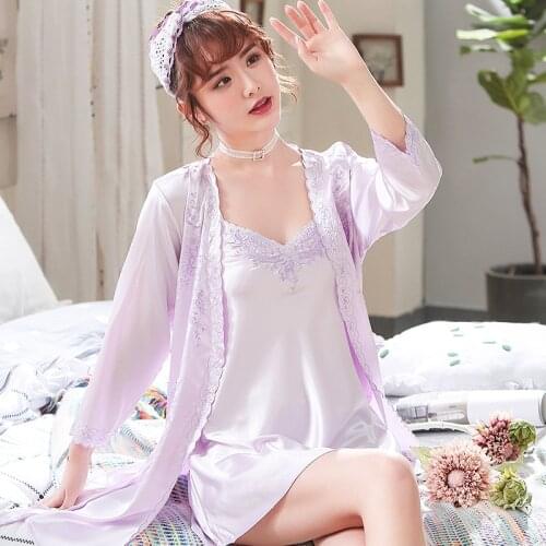 2pcs/set Women Nightwear Summer Thin Floral Nightdress Night-robe Set Artificial Silk Nightwear Lace Decor Nightgown