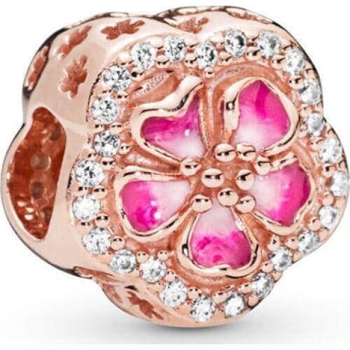 2019 New Original 925 Sterling Silver Rose Pink Flower Floral Nature Charm Fit Pandora Bracelet Bangle DIY Women Jewelry