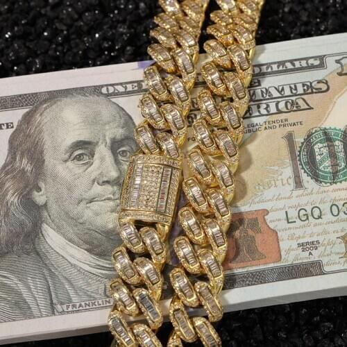 Hip Hop AAA+ Cubic Zirconia Bling Iced Out Open Lock Link Chain Cuban Miami Chain Necklaces for Men Rapper Jewelry Gifts Gold