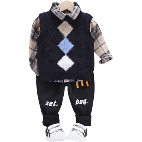 Childrens Clothing 2020 Autumn Sweater Vest Plaid Shirt Trousers 3Pcs Boys Cotton Long-sleeved Suit Baby Boys Clothes 0-4 Years