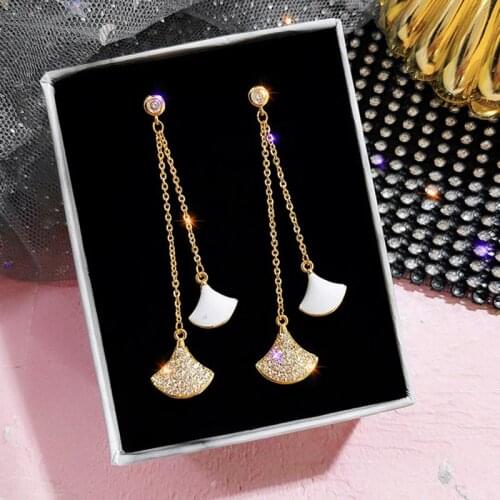 Long Crystal Drop Earrings Zircon Wedding Bridal Earrings Shell Sector Fairy Jewelry For Women Chain White Gold Color Earrings