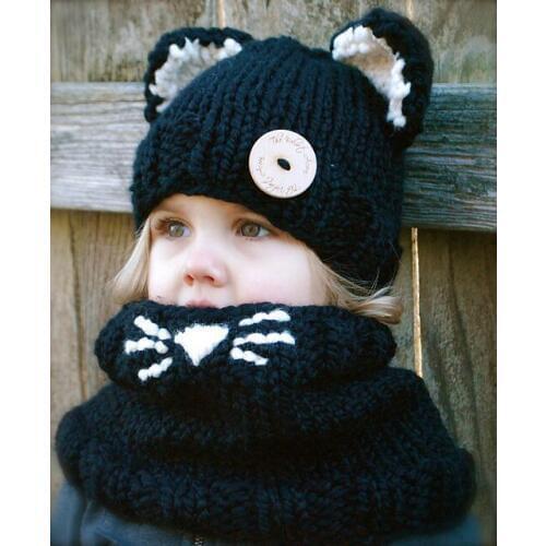 Girl Chunky Hooded Scarf Children black cat Cowl Hoodie Cowl Kids Winter hat Crochet Cowl Hat Kid Scoodie Children of 3-5 years