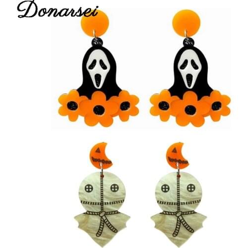 Donarsei Halloween Horror Pumpkin Robot Drop Earrings For Women Hallowmas Cosplay Flower Ghost Dangle Earrings Party