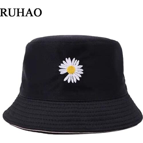 Double-side Unisex Harajuku Bucket Hat Fishing Outdoor Cap women Bucket fishing Hats Sunscreen Daisy embroidery fisherman hat