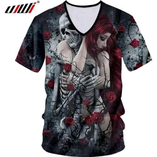 UJWI 3D Printing Skull Man Tee Sexy Black V-neck Top Red-haired Woman T-shirt Comfortable Male Short Sleeve Breathable Dropship