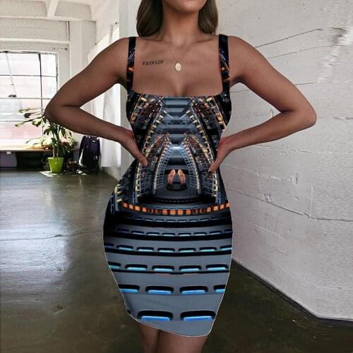 Giyu Brand Psychedelic Dress Women Abstract Halter Sleeveless Technology 3d Print Art Ladies Dresses Harajuku Bodycon Dress