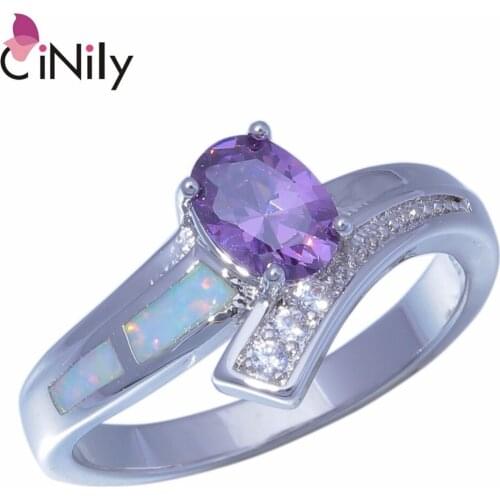 CiNily Created White Fire Opal Cubic Zirconia Silver Plated Wholesale for Women Jewelry Wedding Ring Size 6.5-8.5 OJ9355