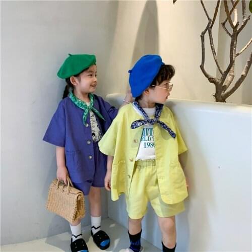 Korean style linen soft thin solid color clothes sets Boys and girls summer short sleeve coat and shorts 2pcs sets