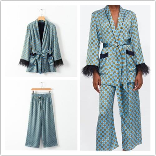 Za Lazy Kimono Suit Plumed Pendant blazer + High Waist and Wide Leg Pants Suit