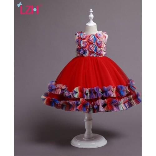 LZH Summer Dresses 2021 Childrens Clothing Flowers Rainbow Performance Costume For Kids Princess Dress for Girls Party Dress