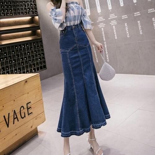 Limiguyue Denim Maxi Skirt Jeans Skirt Spring Women Ruffle Trumpet Skirt High Waisted Long Fishtail Skirts Jupe Streetwear K116